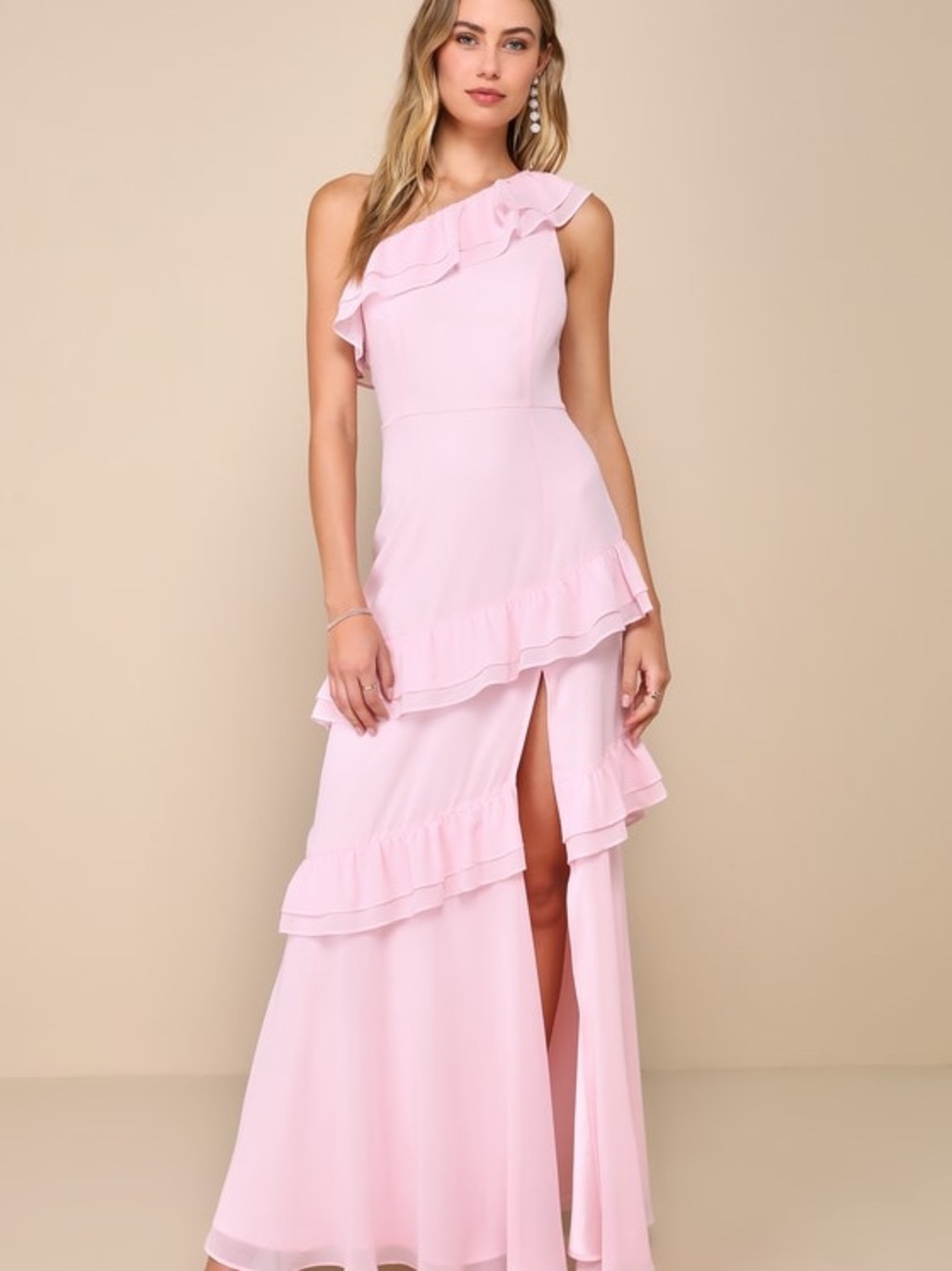 NWT Lulus Brilliant Grace Light Pink Ruffled One-Shoulder Maxi Dress